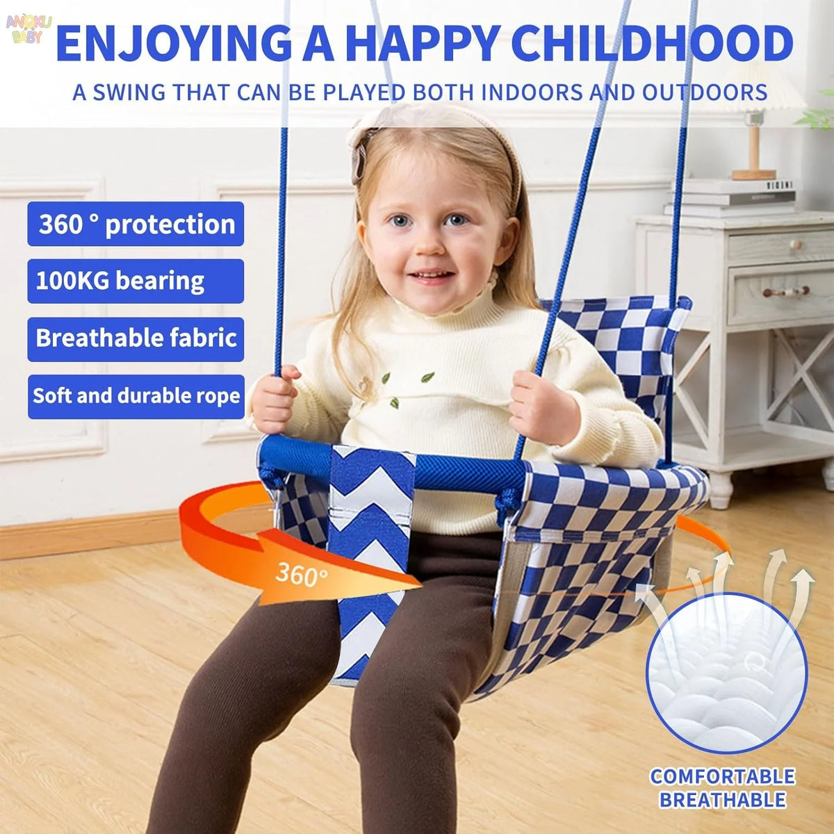 Adjustable Baby Swing with Safety Belt fit 6-96 Months Indoor Baby Hammock Hanging Swing Chair for Home,Courtyard & Backyard Use