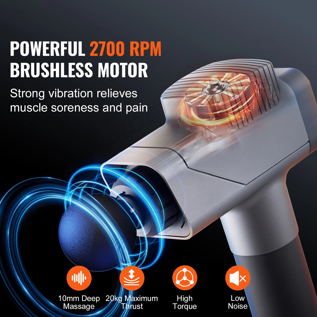 Massage Gun Deep Tissue Percussion Muscle Massager for Athletes w/ 8 Speed Levels 6 Massage Heads 16V 2500mAh Batteries