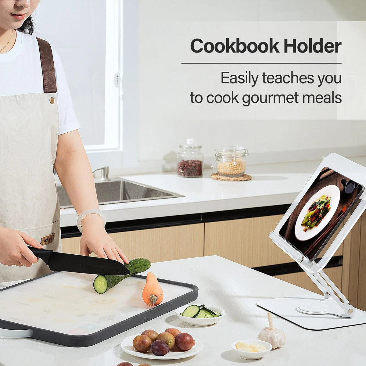 Book Stand for Reading, Adjustable Book Holder with 360° Swivel Base Foldable Stand Recipe Book Holder with Elastic Page Clips