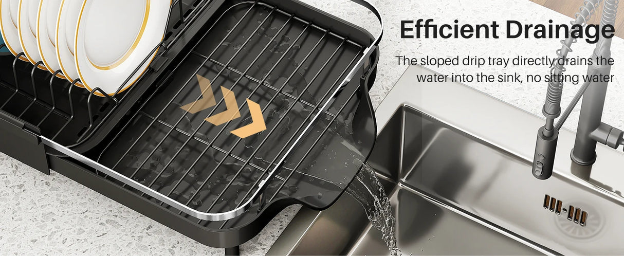 Dish Drying Rack, Expandable Dish Rack for Kitchen Counter, Stainless Steel Dish Drainer with Drainboard Set