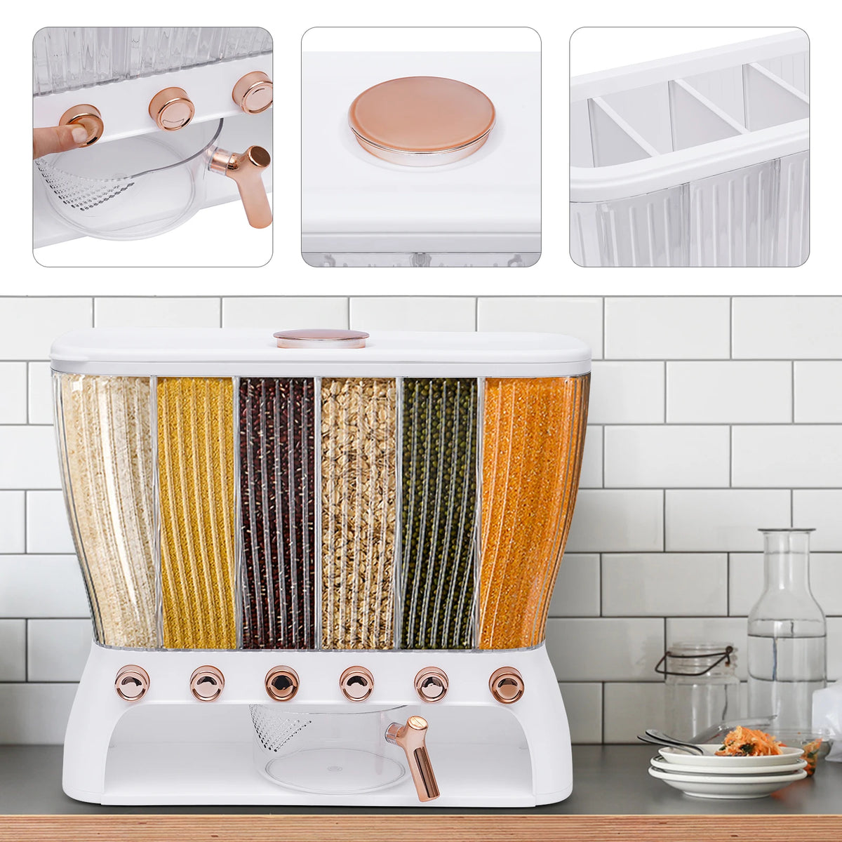 Dry Food Dispenser 6-Grid Wall-Mounted Dry Food Dispenser - Adjustable Compartments Easy Dispensing - Kitchen Storage