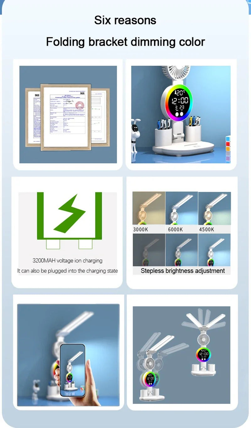Rechargeable LED Desk Lamp with Fan & Digital Clock