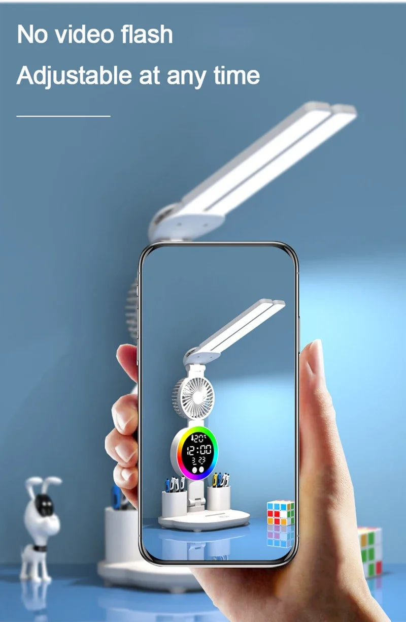 Rechargeable LED Desk Lamp with Fan & Digital Clock