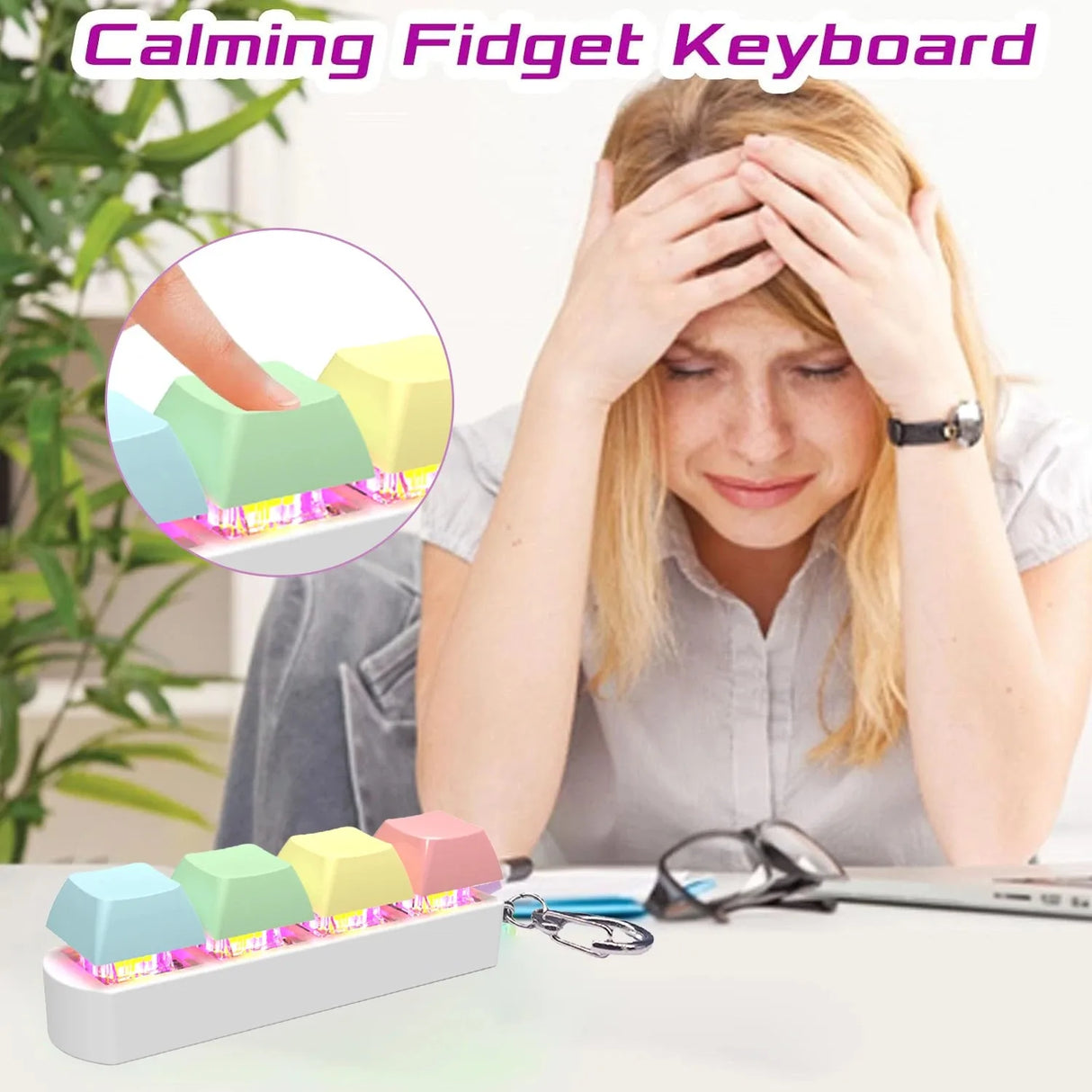 Keyboard Fidget Toy with LED Light Keyboard Fidget Keychain 4-in-1 Keyboard Decompression Button Stress Relief Fidget Gifts