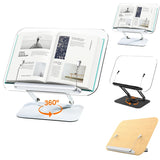Book Stand for Reading, Adjustable Book Holder with 360° Swivel Base Foldable Stand Recipe Book Holder with Elastic Page Clips