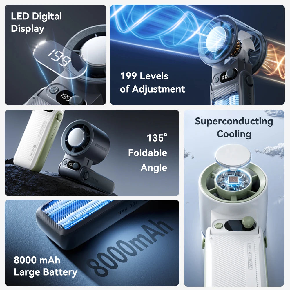 Portable Handheld fan Strong Wind 199 Gear Wind speed LED Digital Display Adjustable Turbo Portable Outdoor Handheld 8000mAh