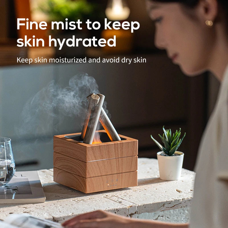 Home campfire aroma diffuser 280ml, desktop USB air spray humidifier remote control colorful flame lamp essential oil diffuser.