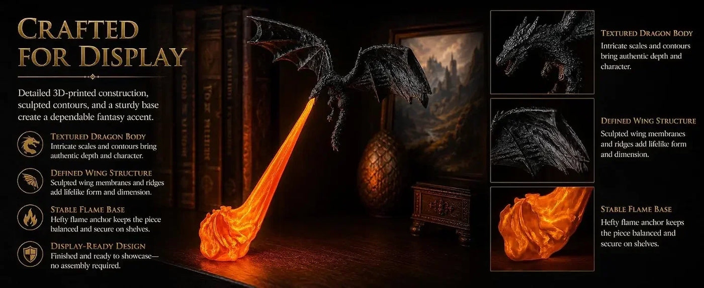 Dragon Bookshelf Nook Light, 3D Fire-Breathing Shelf Decor | Flying Dragon Design Book Lover Gift | Halloween Shelf Display