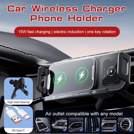 Car Wireless Charger Dual Coil Fold Screen Car Fast Charging Stand for Samsung Galaxy Z Fold 6 Flip 3 Air Vent Car Phone Holder