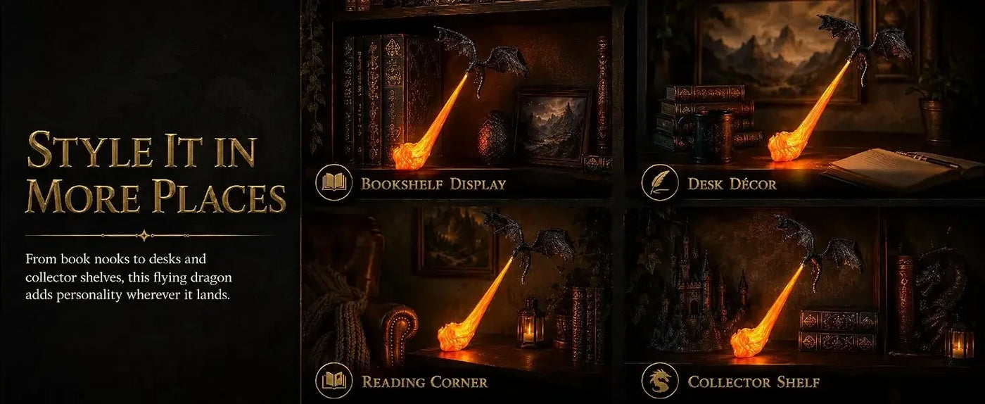 Dragon Bookshelf Nook Light, 3D Fire-Breathing Shelf Decor | Flying Dragon Design Book Lover Gift | Halloween Shelf Display