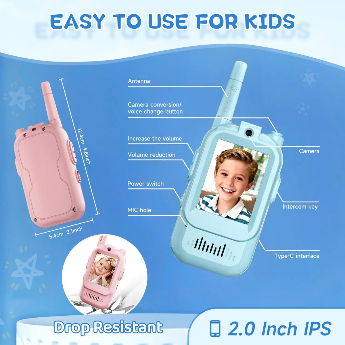 2-Piece Rechargeable Video Walkie-Talkies for Kids