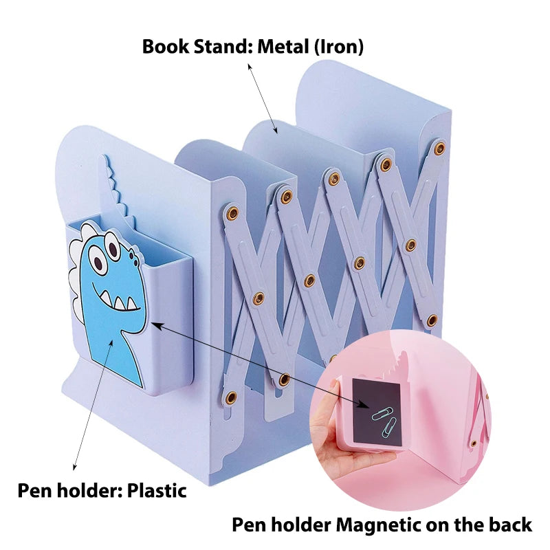 Adjustable Metal Bookends Desk Book Storage Stretch Book Holder With Pen Holder Office Supplies For Desktop Organization