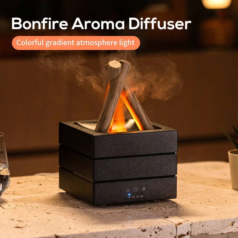 Home campfire aroma diffuser 280ml, desktop USB air spray humidifier remote control colorful flame lamp essential oil diffuser.