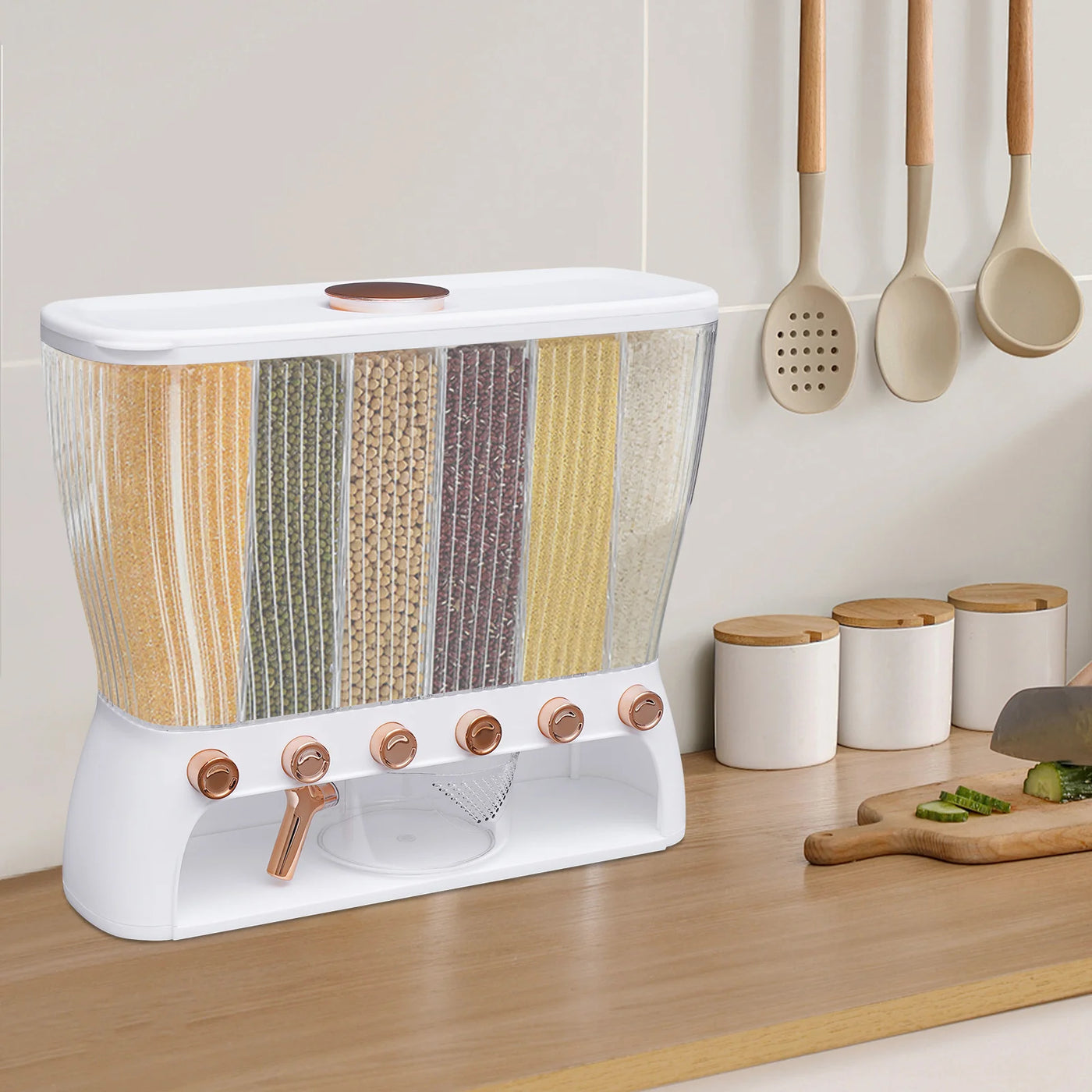 Dry Food Dispenser 6-Grid Wall-Mounted Dry Food Dispenser - Adjustable Compartments Easy Dispensing - Kitchen Storage