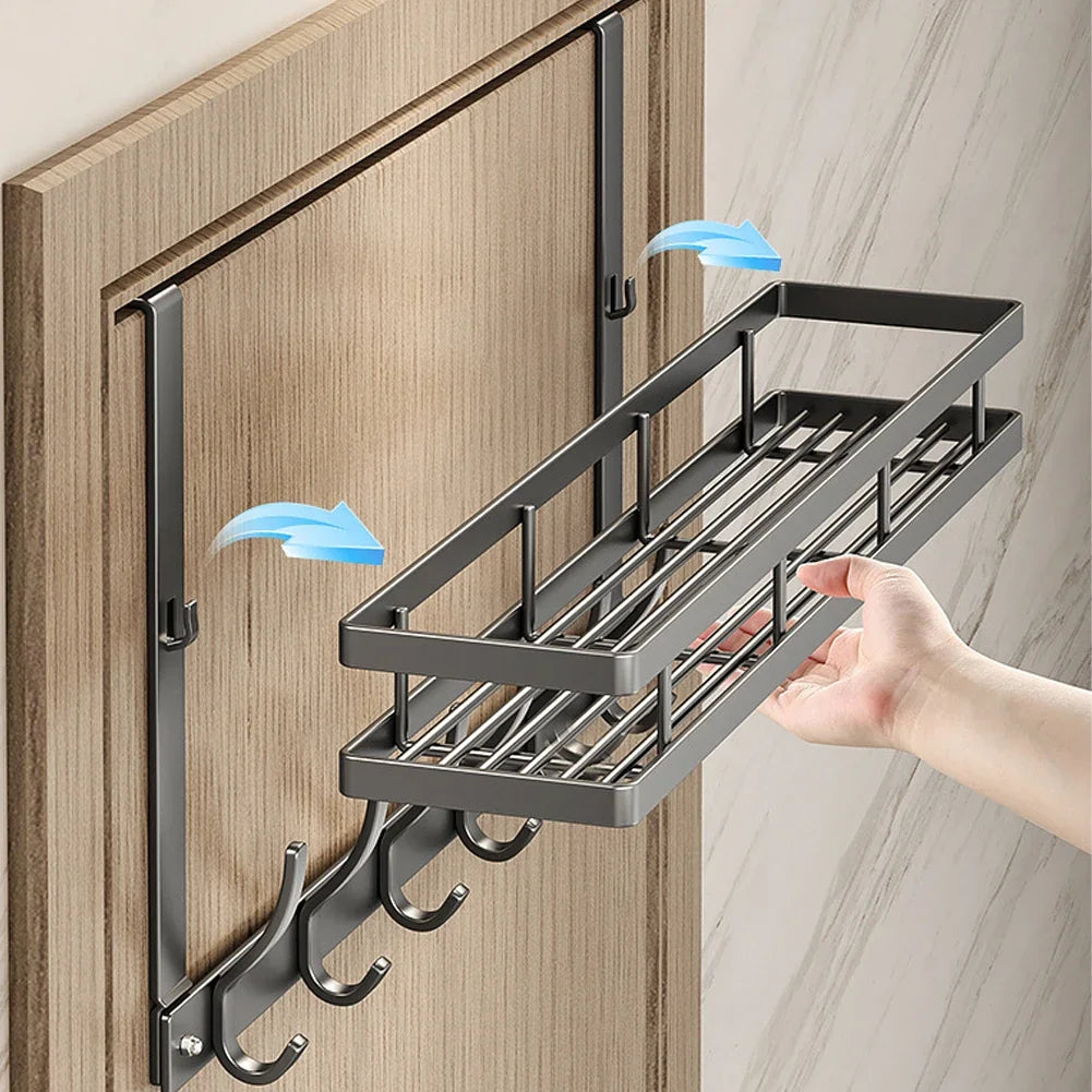 Grey Over-Door Organiser with 6 Hooks & Storage Basket