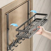 Grey Over-Door Organiser with 6 Hooks & Storage Basket