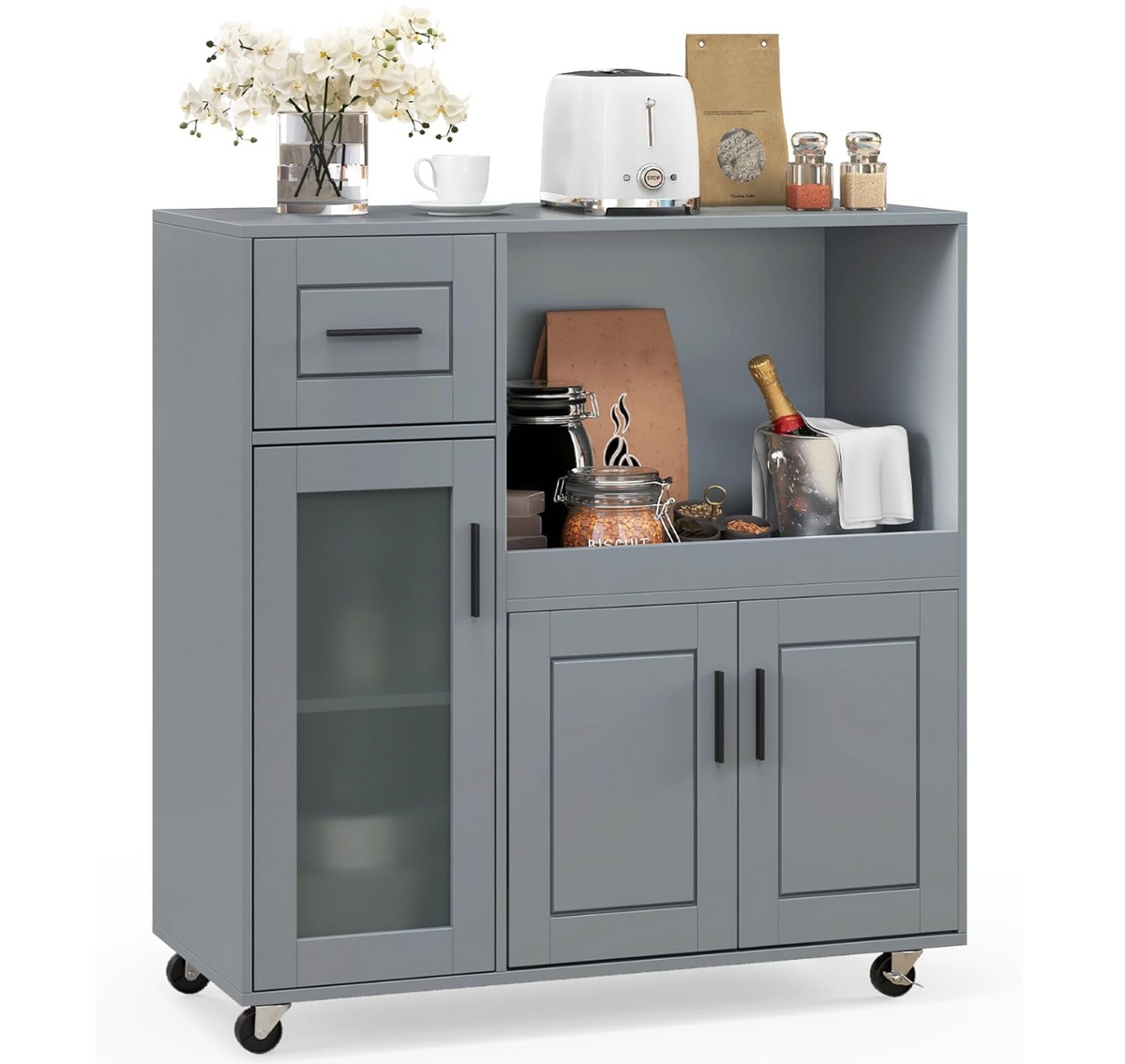 Grey Rolling Kitchen Island with Drawer & Glass-Door Cabinet