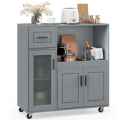 Grey Rolling Kitchen Island with Drawer & Glass-Door Cabinet