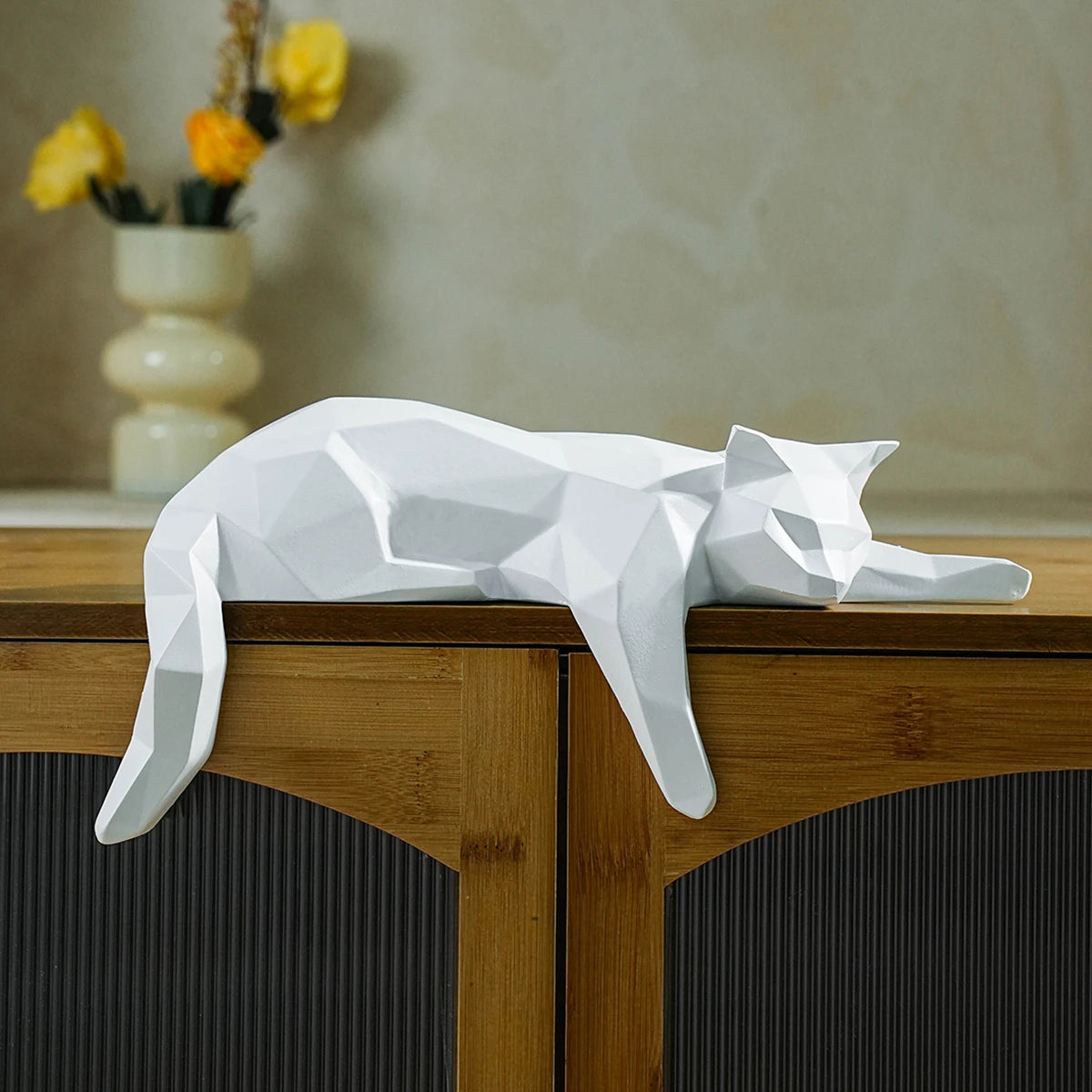 White Black Cat Statue - Geometric Modern Room Decor Figurine Sculpture for Home Office as Table Shelf Desk Decor  Lying Cat