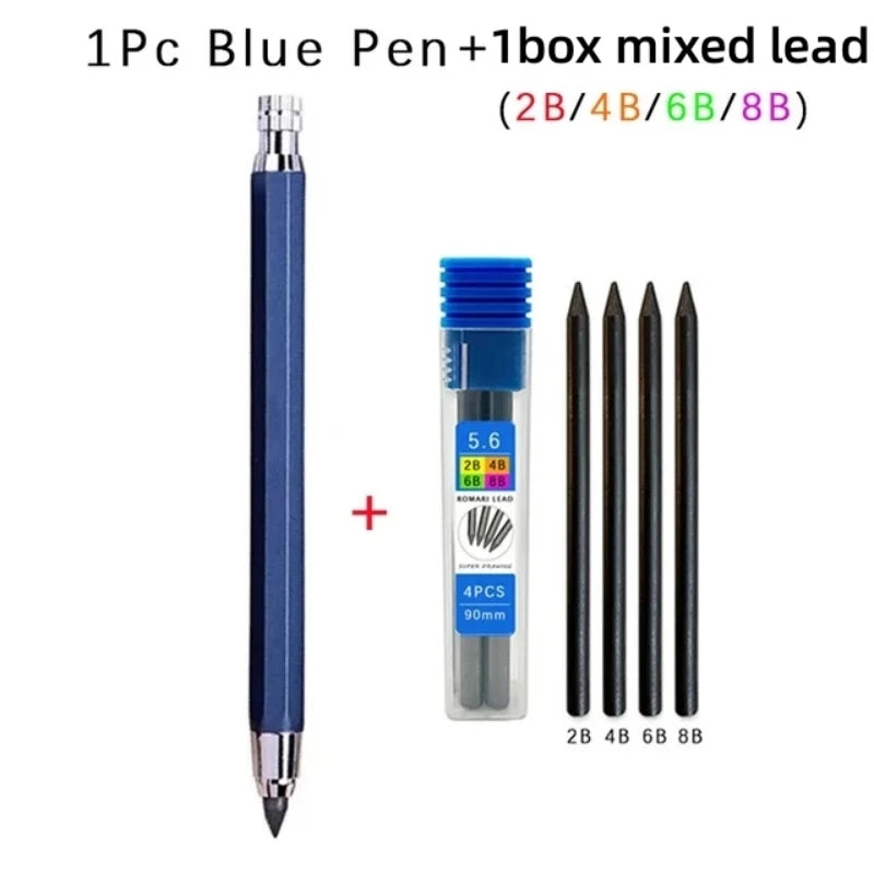 Metal Drawing Pencil with 2B 4B 6B 8B Leads Set Professional Art Sketch Mechanical Pencil Kawaii Stationery(1Pencil+1Lead) 5.6mm