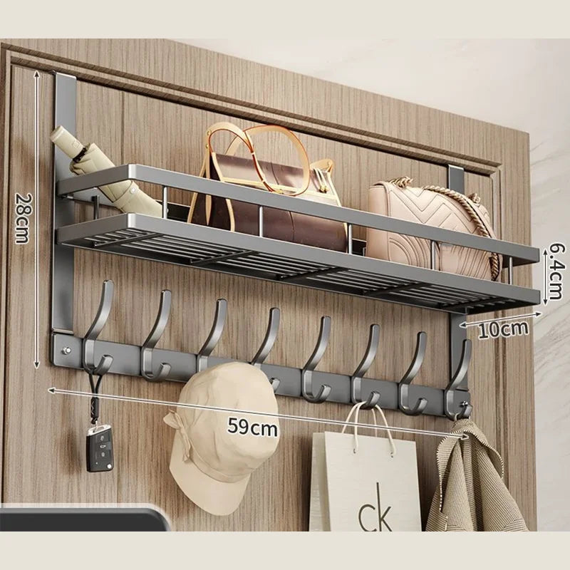 Home Multifunctional Metal Hook Door Hanger Over-The-Door Storage Rack With 6 Hooks & 1 Baskets For Hanging Clothes Wall Hanging