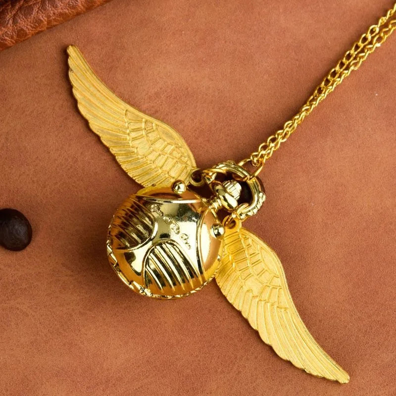Harry Potter Peripheral Pocket Watch Necklace - Golden Snitch Retro Flip Lid Big Wings Pendant Commemorative Watch