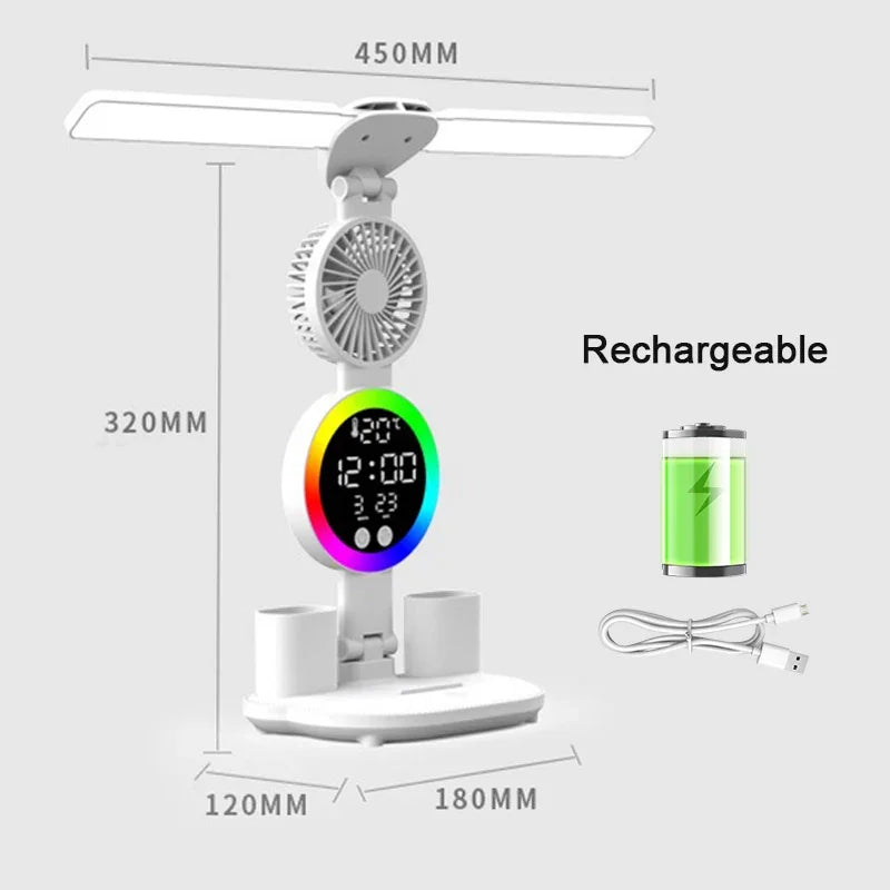 Rechargeable LED Desk Lamp with Fan & Digital Clock