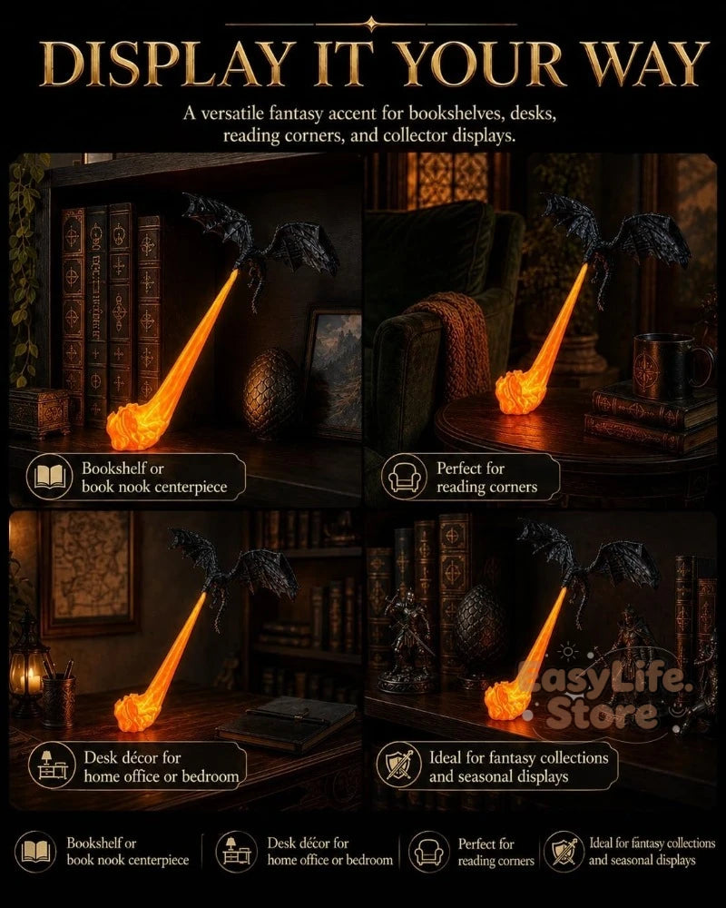 Dragon Bookshelf Nook Light, 3D Fire-Breathing Shelf Decor | Flying Dragon Design Book Lover Gift | Halloween Shelf Display