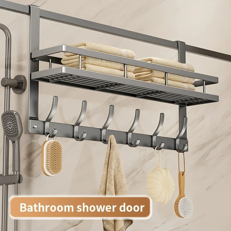 Grey Over-Door Organiser with 6 Hooks & Storage Basket