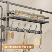 Grey Over-Door Organiser with 6 Hooks & Storage Basket