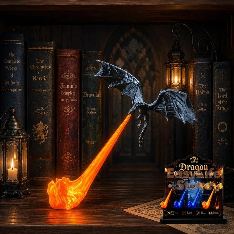 Dragon Bookshelf Nook Light, 3D Fire-Breathing Shelf Decor | Flying Dragon Design Book Lover Gift | Halloween Shelf Display
