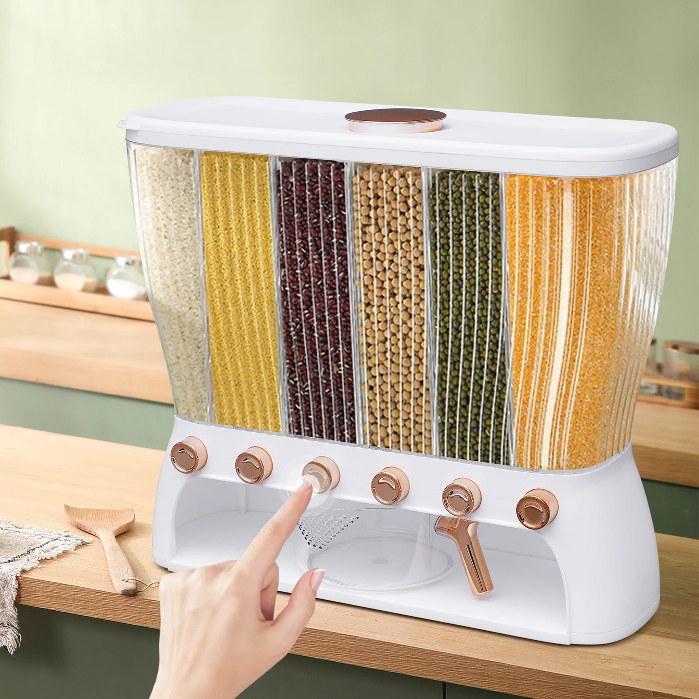 Dry Food Dispenser 6-Grid Wall-Mounted Dry Food Dispenser - Adjustable Compartments Easy Dispensing - Kitchen Storage