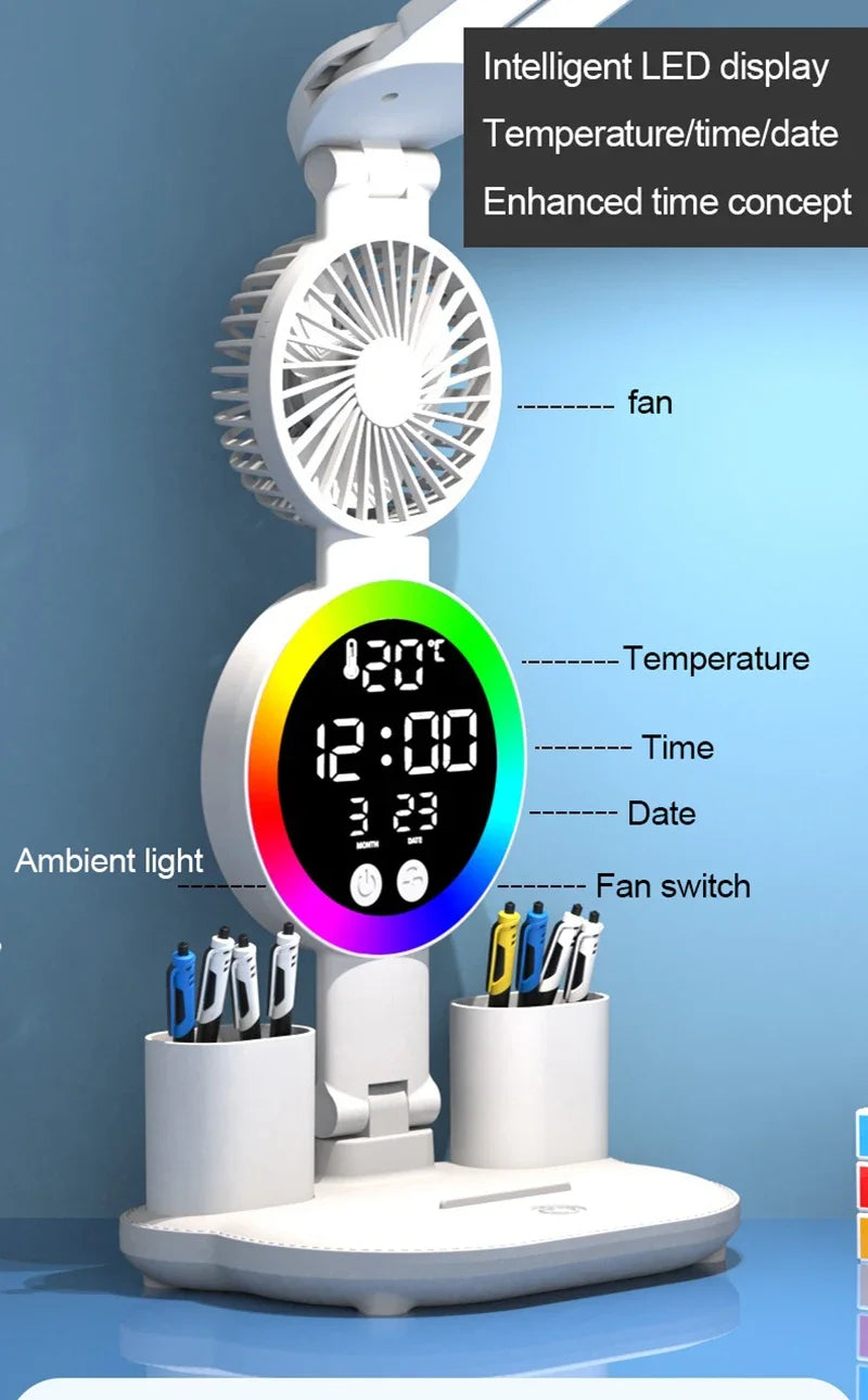 Rechargeable LED Desk Lamp with Fan & Digital Clock