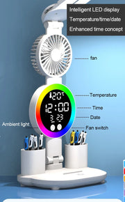 Rechargeable LED Desk Lamp with Fan & Digital Clock