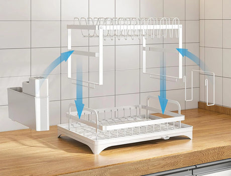 Dish rack storage compartments and drain tray