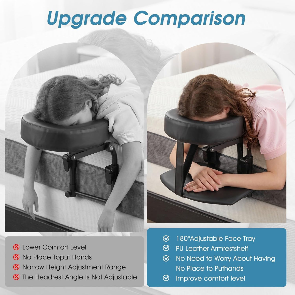 Adjustable Bed Massage Headrest with Face Cushion & Arm Support – Black