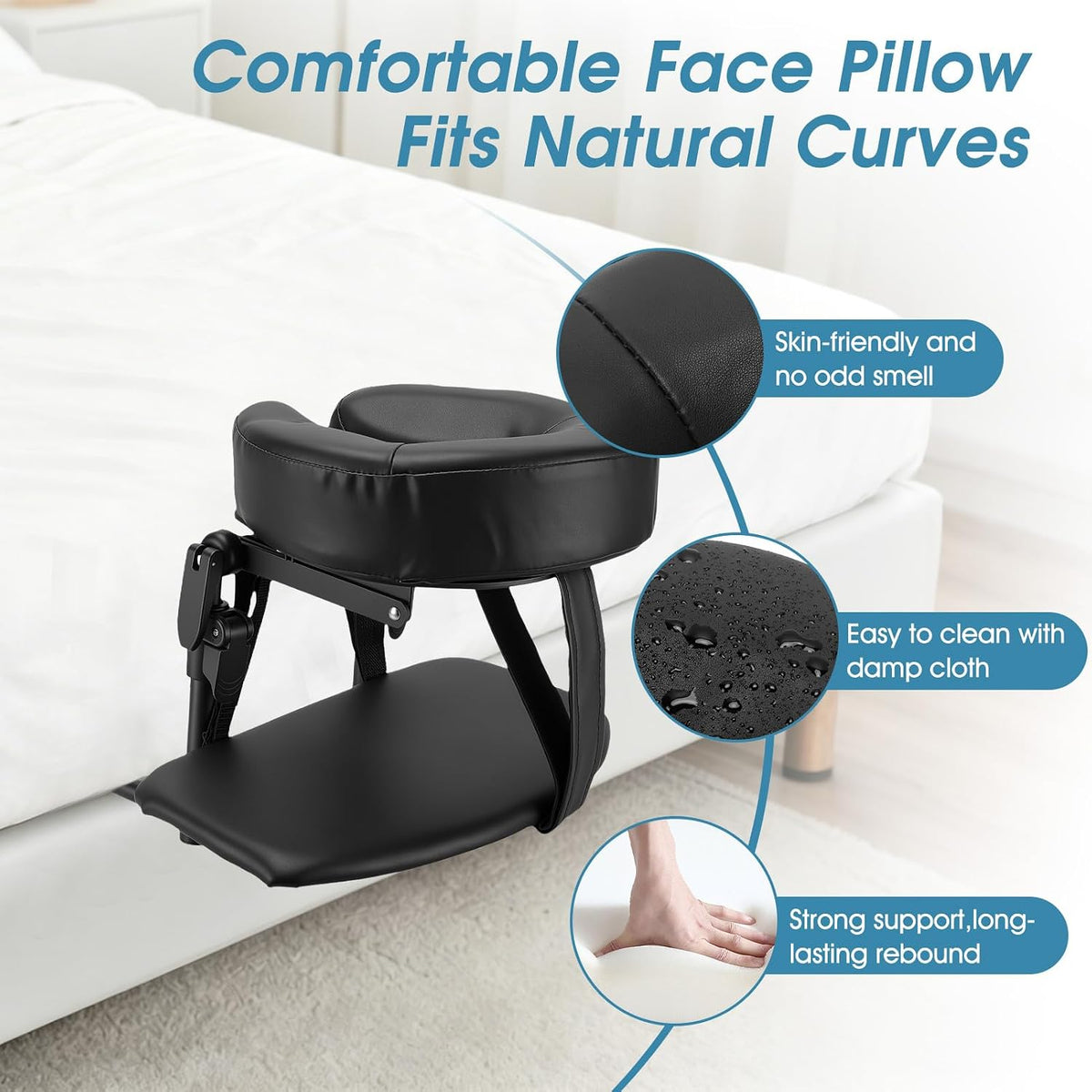 Adjustable Bed Massage Headrest with Face Cushion & Arm Support – Black