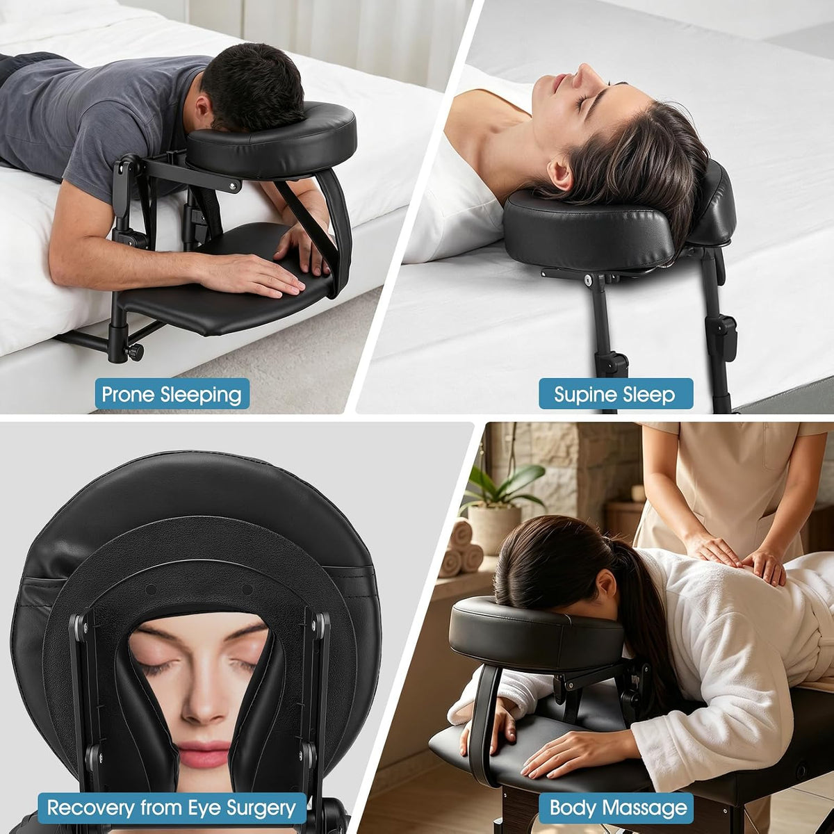 Adjustable Bed Massage Headrest with Face Cushion & Arm Support – Black