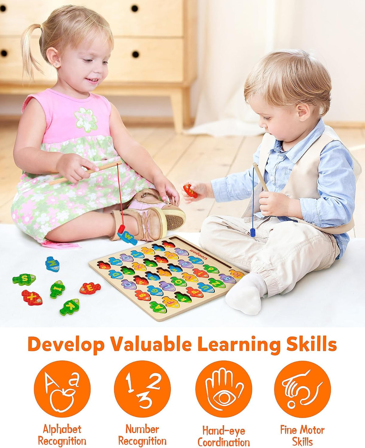 Wooden Magnetic Alphabet & Numbers Fishing Game with 2 Rods