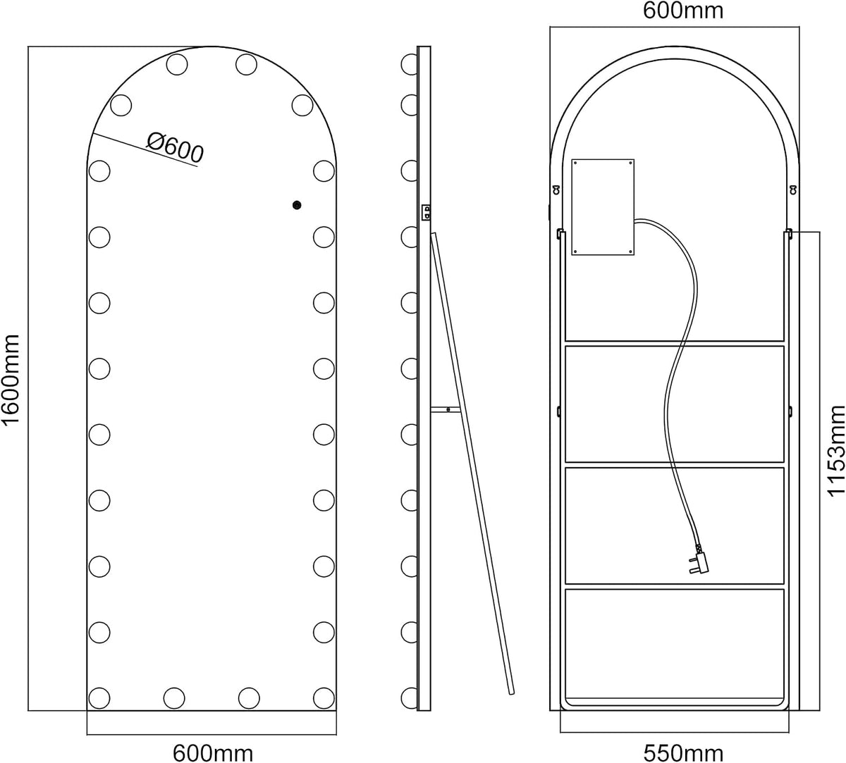 160 × 60 cm Arched Full-Length Mirror with 24 LED Bulbs