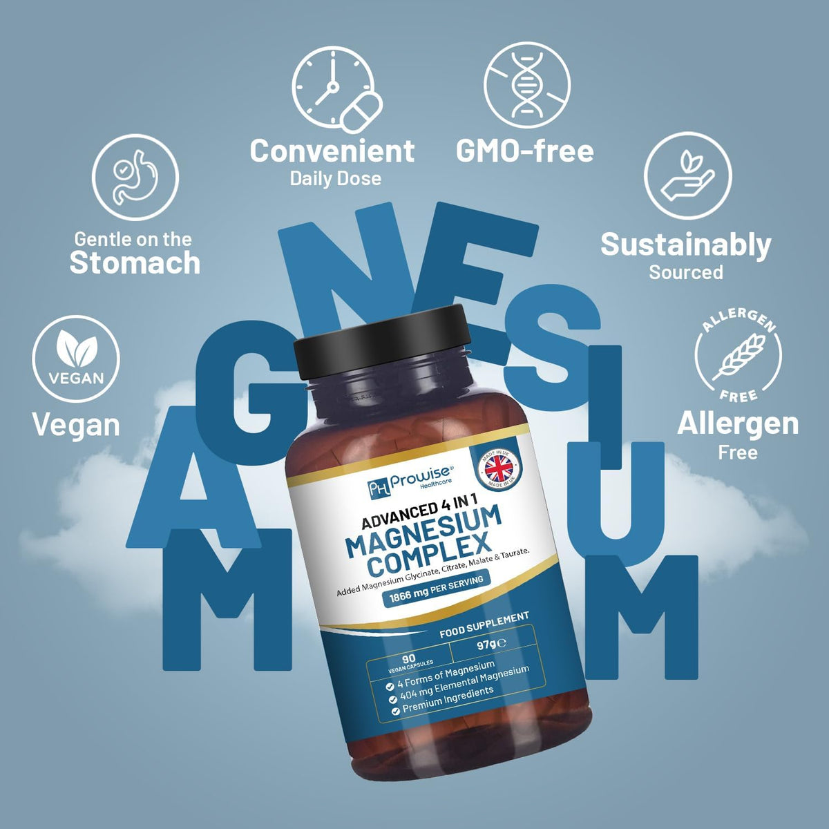 4-in-1 Magnesium Glycinate Complex – 90 Vegan Capsules