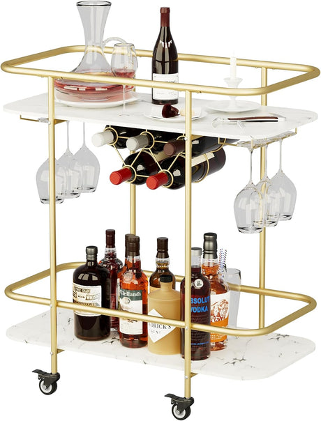 Gold 2-tier rolling bar cart