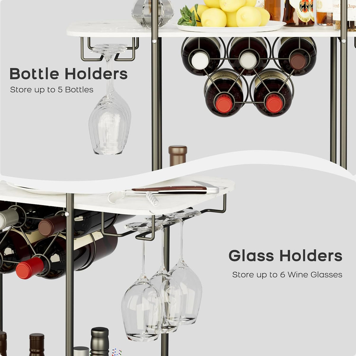 2-Tier Rolling Bar Cart with Wine Rack & Glass Holders