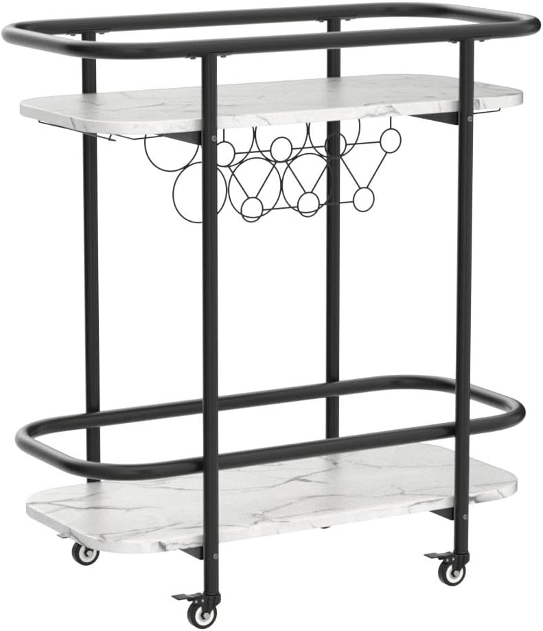 2-Tier Rolling Bar Cart with Wine Rack & Glass Holders