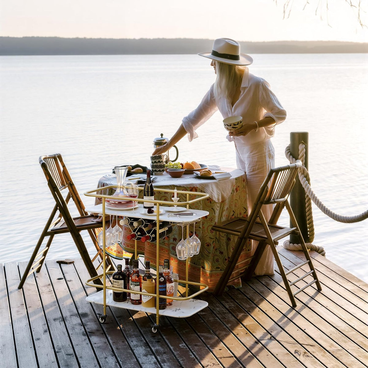 2-Tier Rolling Bar Cart with Wine Rack & Glass Holders