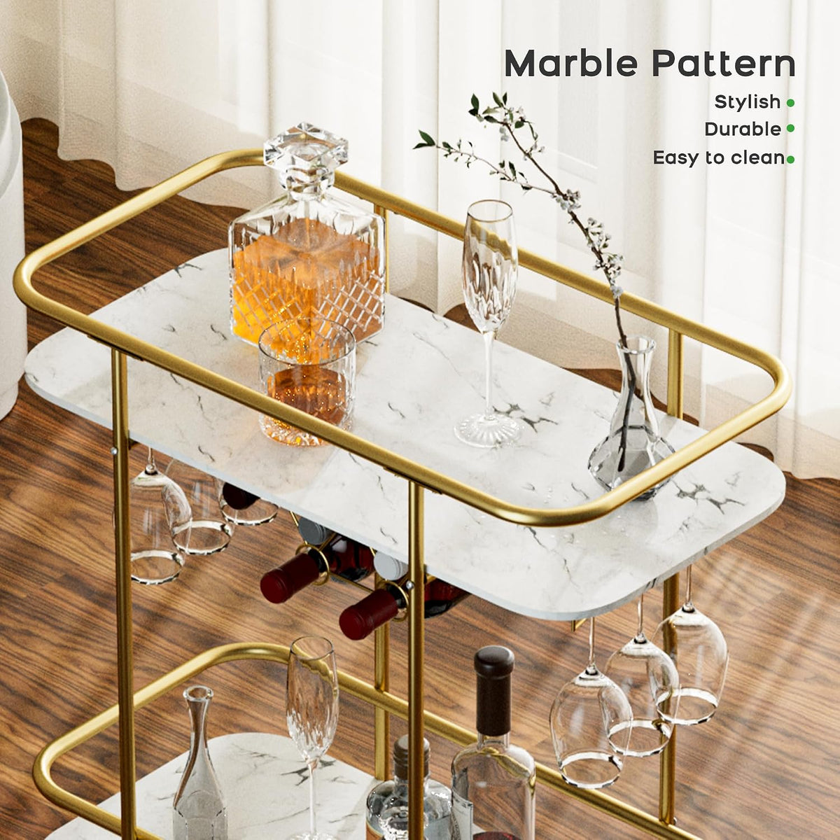 2-Tier Rolling Bar Cart with Wine Rack & Glass Holders