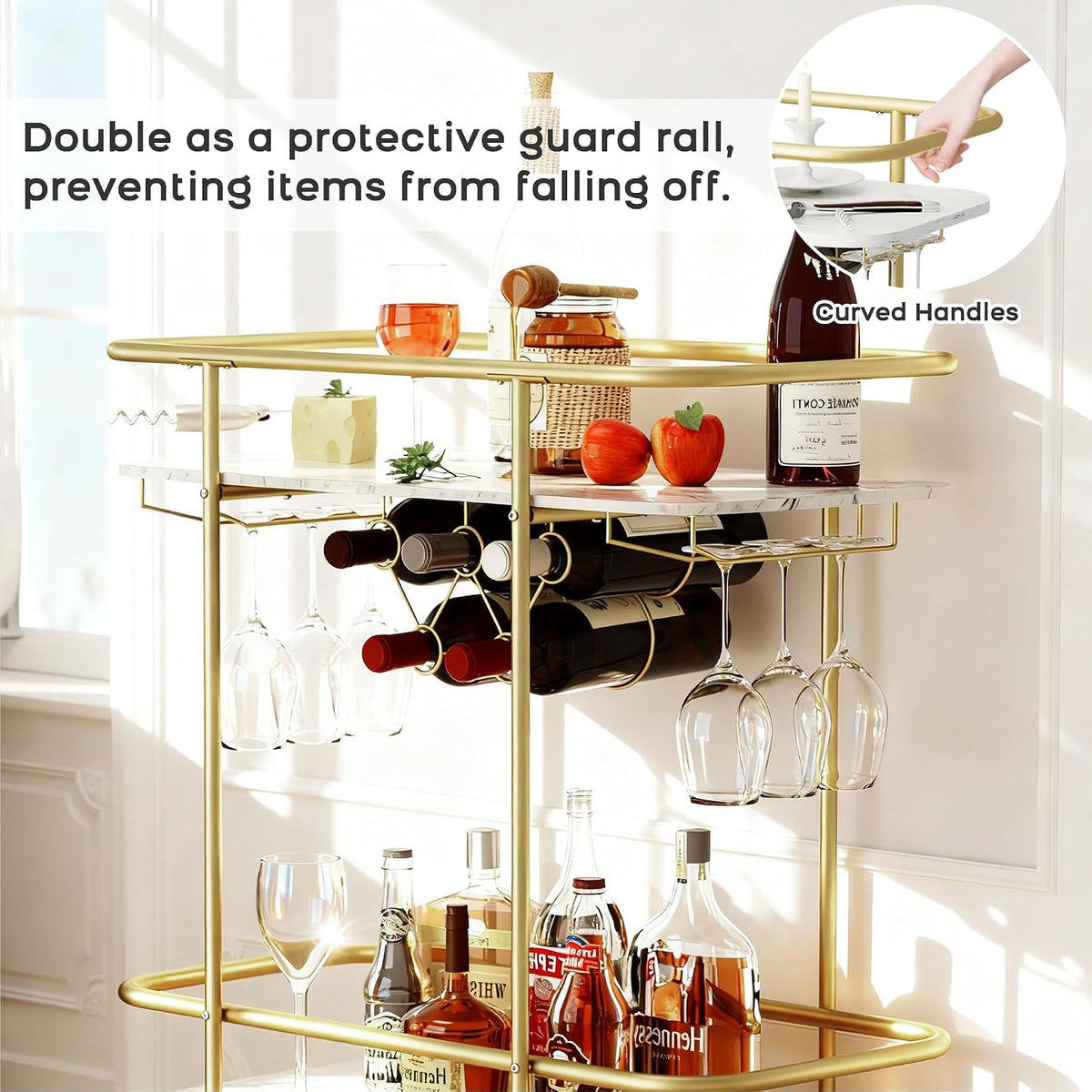 2-Tier Rolling Bar Cart with Wine Rack & Glass Holders