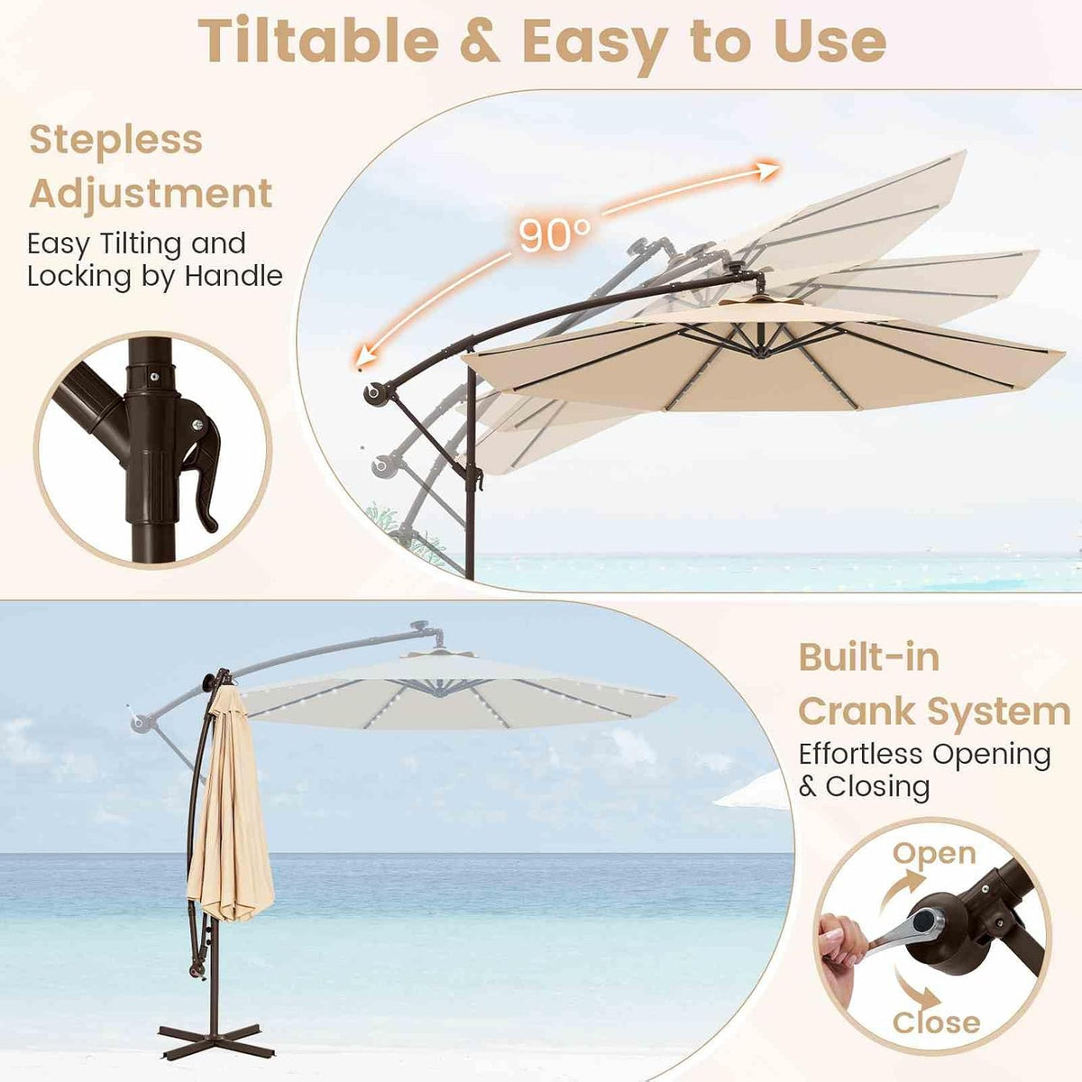 3 m Solar Cantilever Umbrella with 40 LED Lights and Sandbag Base