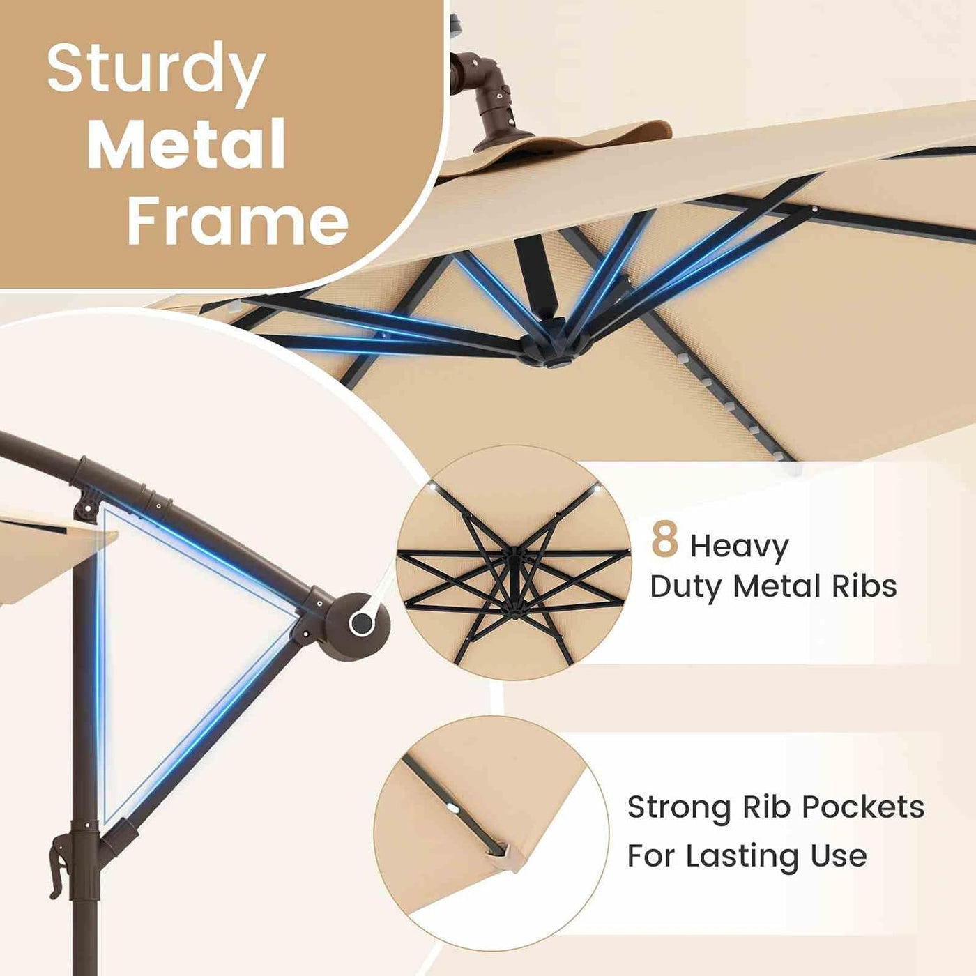 3 m Solar Cantilever Umbrella with 40 LED Lights and Sandbag Base
