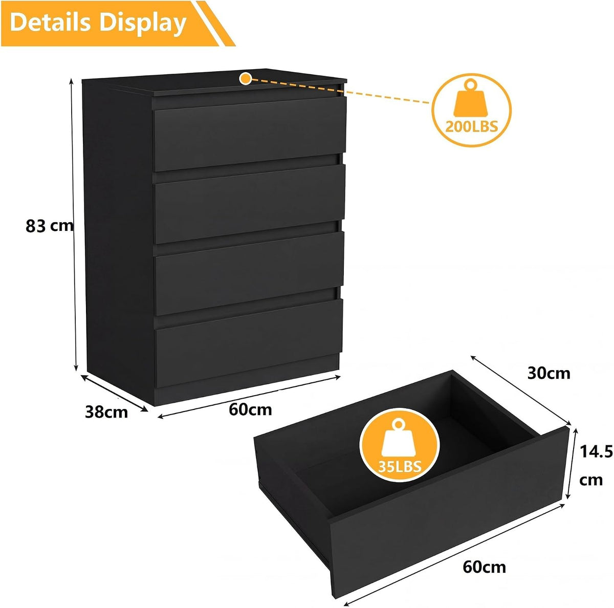 Modern Black 4-Drawer Bedside Table – Handle-Free Storage Cabinet